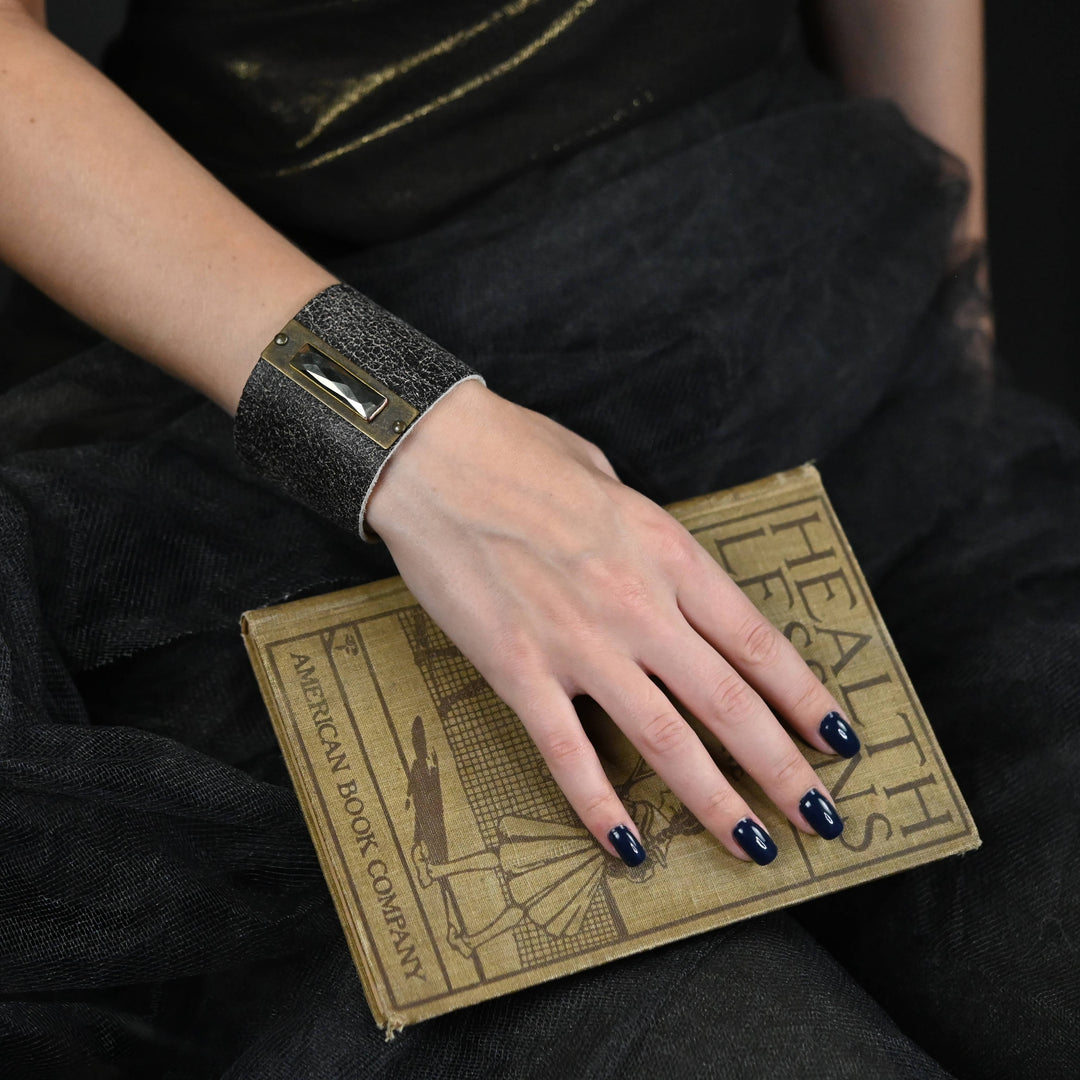 Weathered brown leather cuff with premium blue labradorite semi precious stone boho wrist wrap