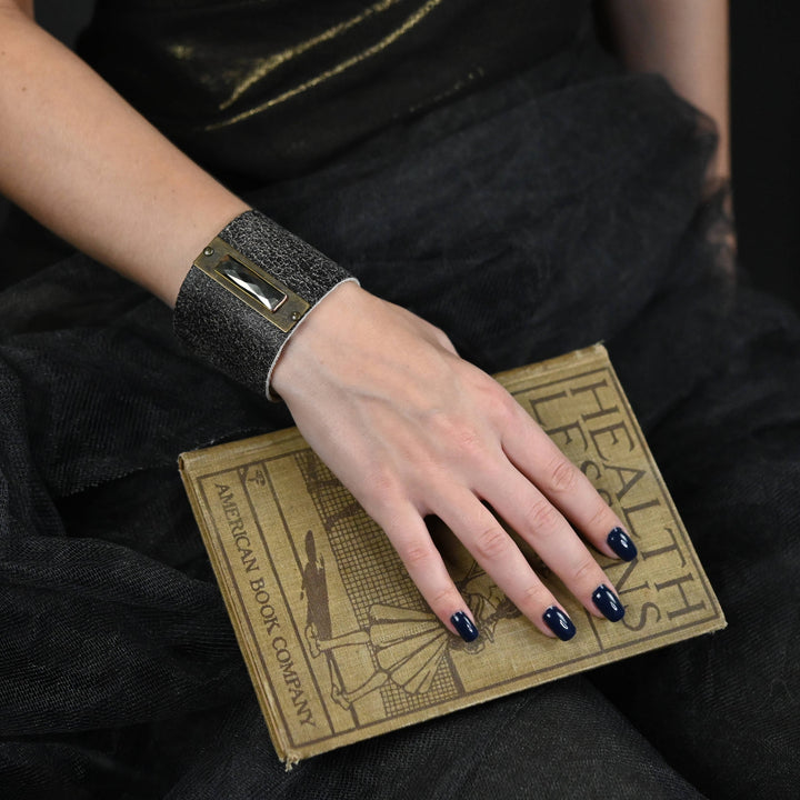 Weathered brown leather cuff with premium blue labradorite semi precious stone boho wrist wrap
