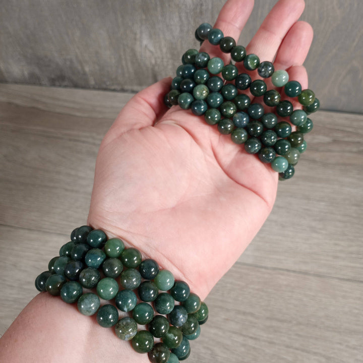 Healing crystal bracelets in 8mm round gemstones for coastal spiritual boho style