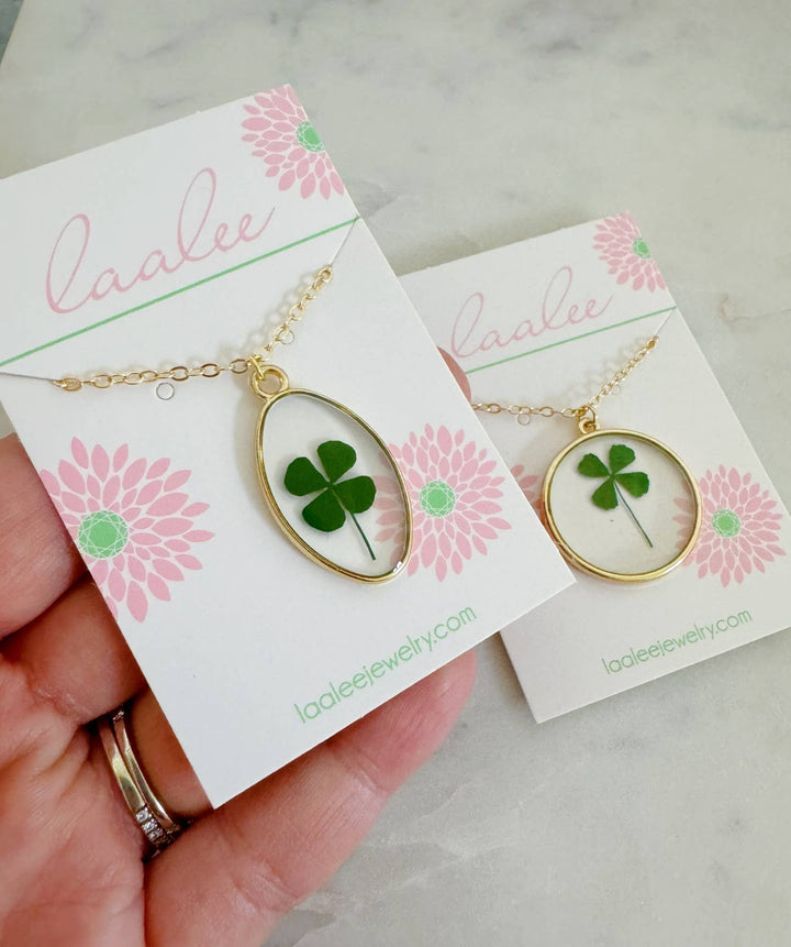 Handcrafted Four Leaf Clover Pressed Flower Necklace in 14k gold filled delicate chain