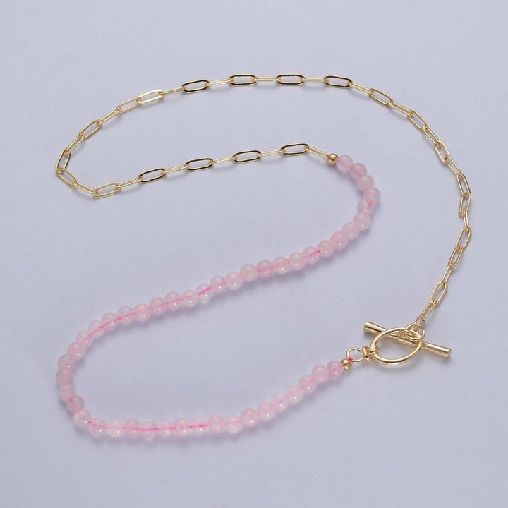 Dainty half bead half link chain necklace with rose quartz and 24k gold filled paperclip chain