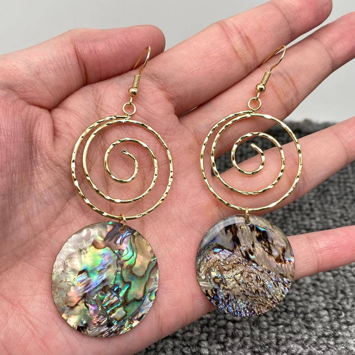 Round Abalone Shell Gold-plated Metal Vortex Dangle Earrings