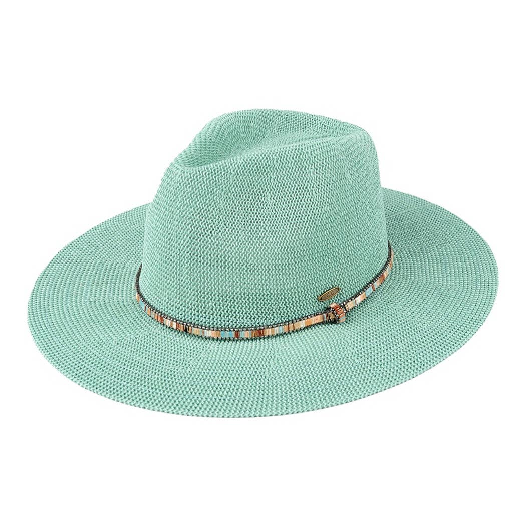 Multi-Colored Thread with Beaded Panama Hat in Sage for coastal boho style