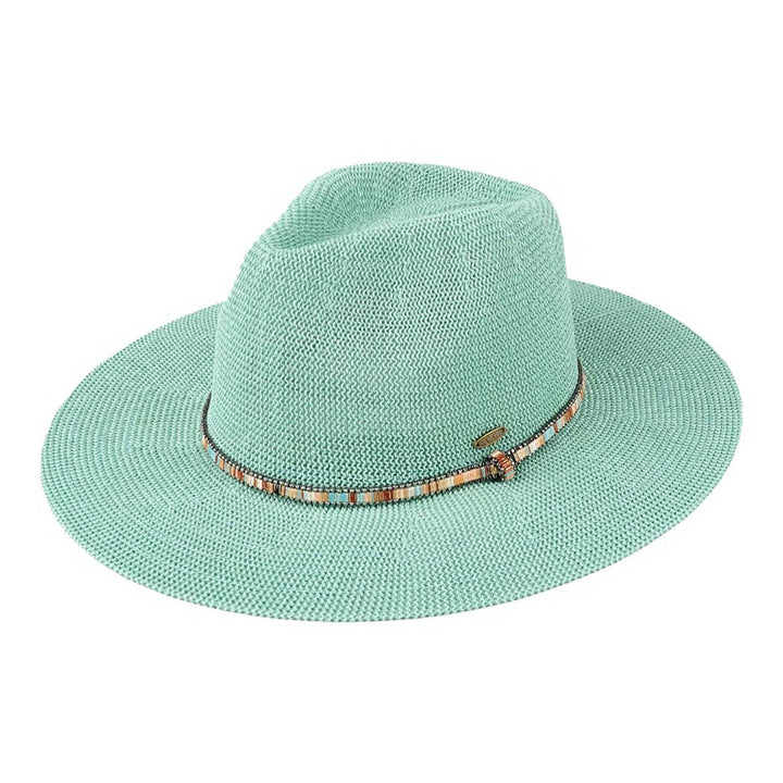 Multi-Colored Thread with Beaded Panama Hat in Sage for coastal boho style
