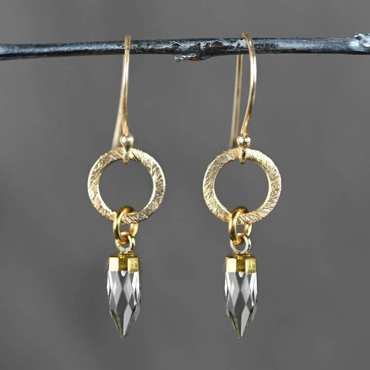 Brushed gold circle crystal point dangle earrings with natural quartz boho coastal style