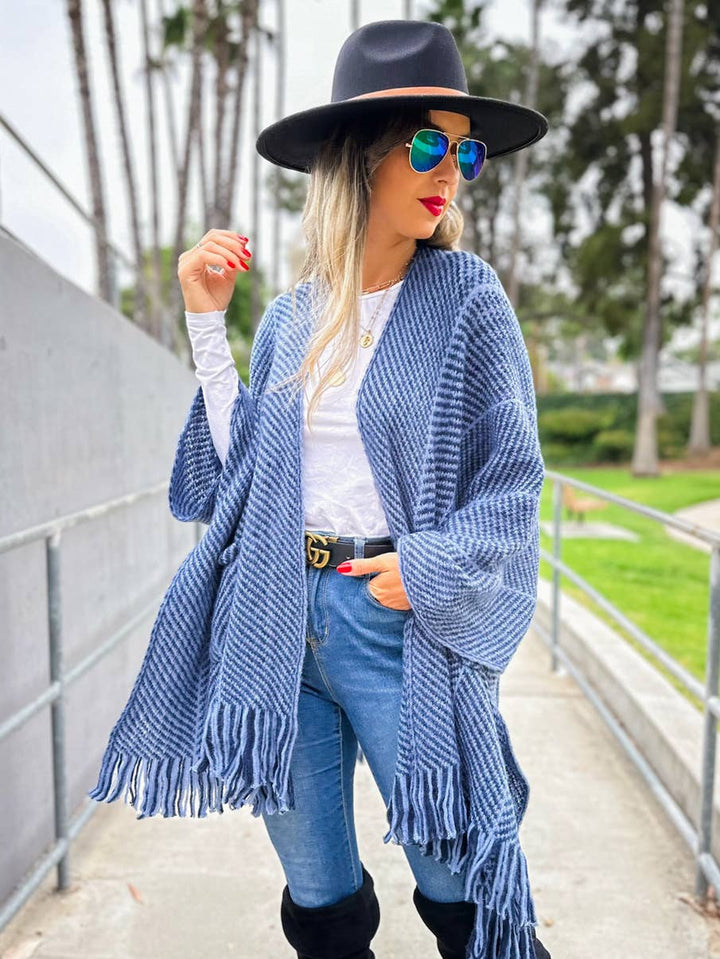 Navy chevron knitted ruana cardigan with tassel and pocket for coastal style