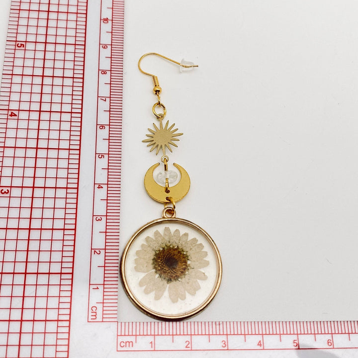 Sun Moon Transparent Daisy Earrings with celestial floral charm for coastal souls