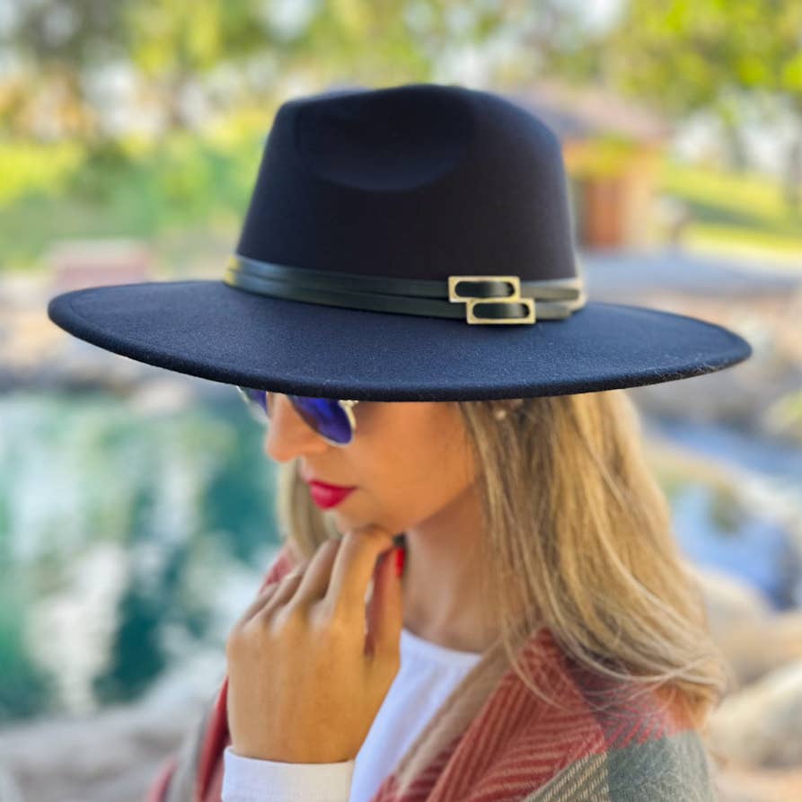 Black Fedora with Faux Leather Double Buckle Trim for coastal boho style