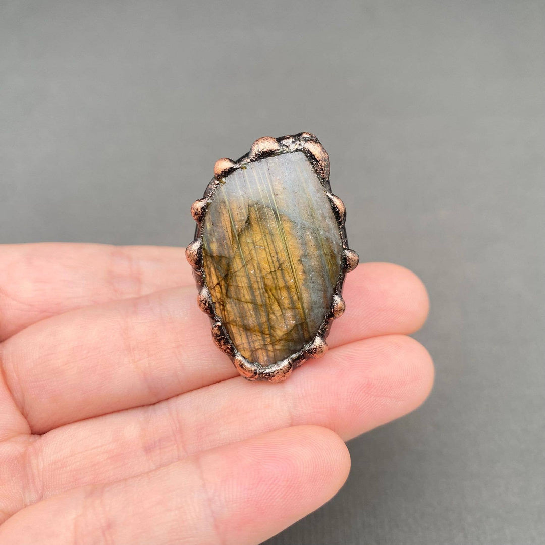 Vintage Anemousite Bronze Labradorite Adjustable Ring with coastal boho spiritual charm