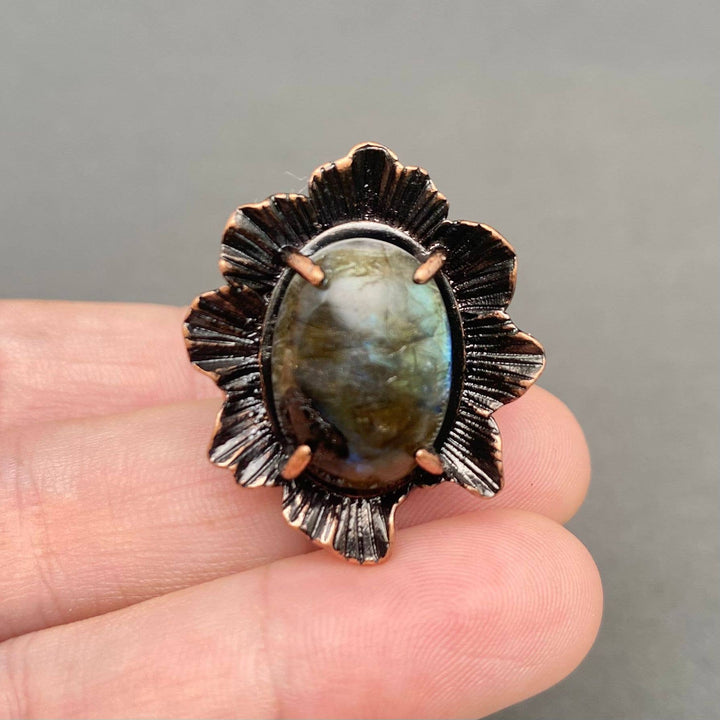 Vintage Labradorite Bronze Flower Shape Ring with earthy boho coastal charm