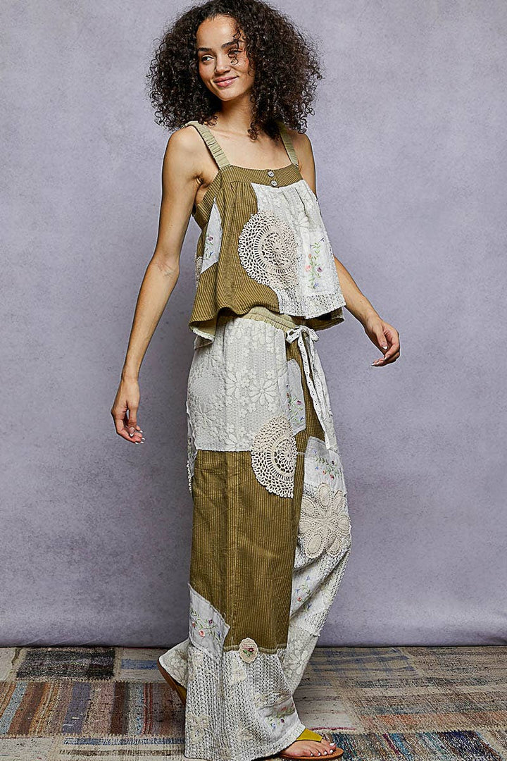 Lace Patch Detail Woven Pants with relaxed coastal boho fit and artisan lace accents