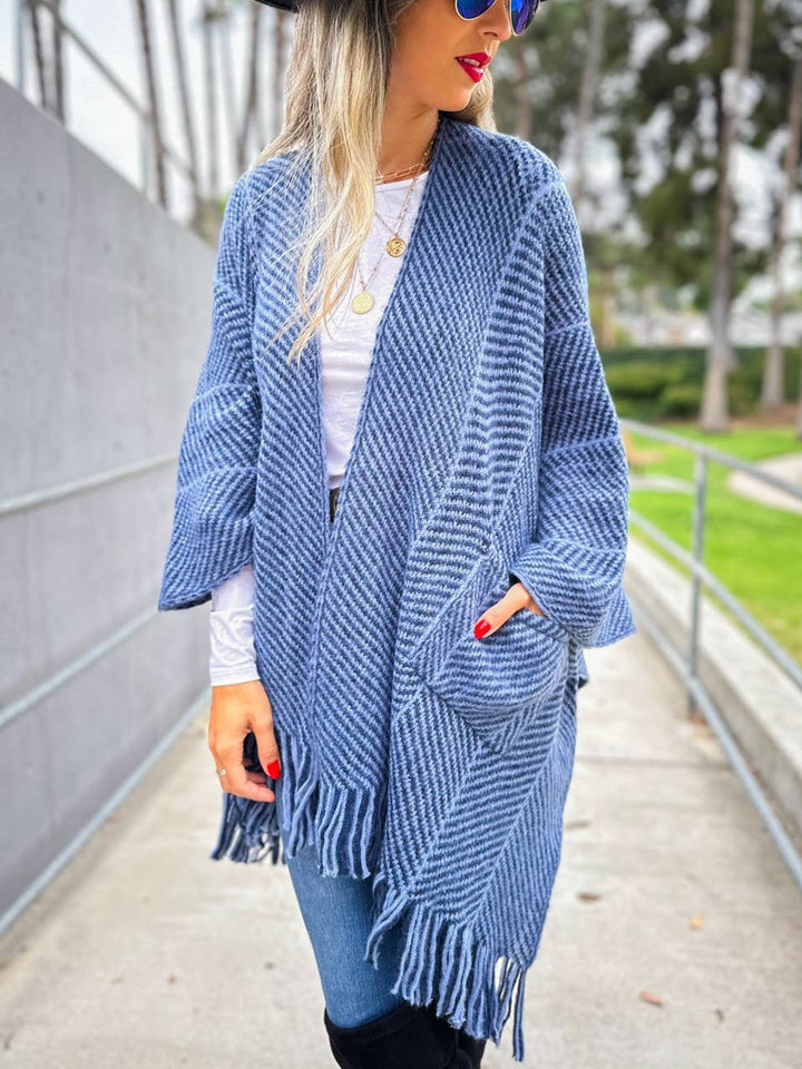 Navy chevron knitted ruana cardigan with tassel and pocket for coastal free spirits