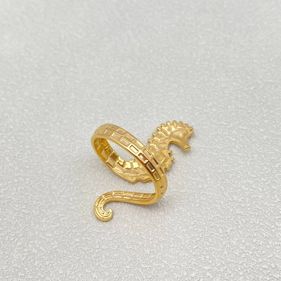 18K gold plated stainless steel seahorse ring perfect for coastal boho style