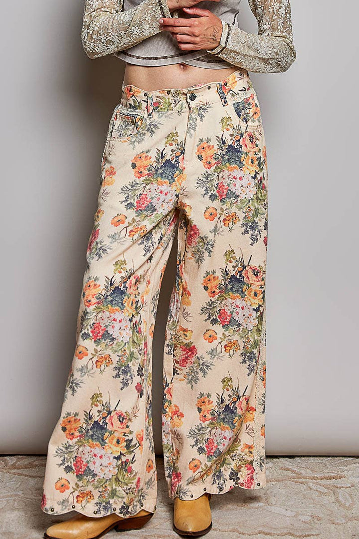 Floral Vintage Washed Raw Edge Elastic Waist Pants