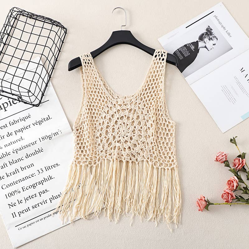 Boho Crochet Knit Fringe Tank Top Cover Up