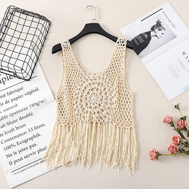 Boho Crochet Knit Fringe Tank Top Cover Up