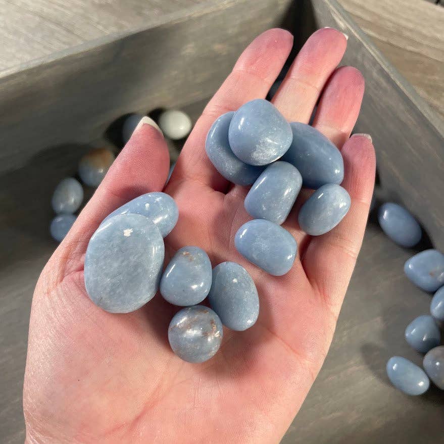 Angelite tumbled stones one pound bulk soft blue healing crystals for coastal boho decor