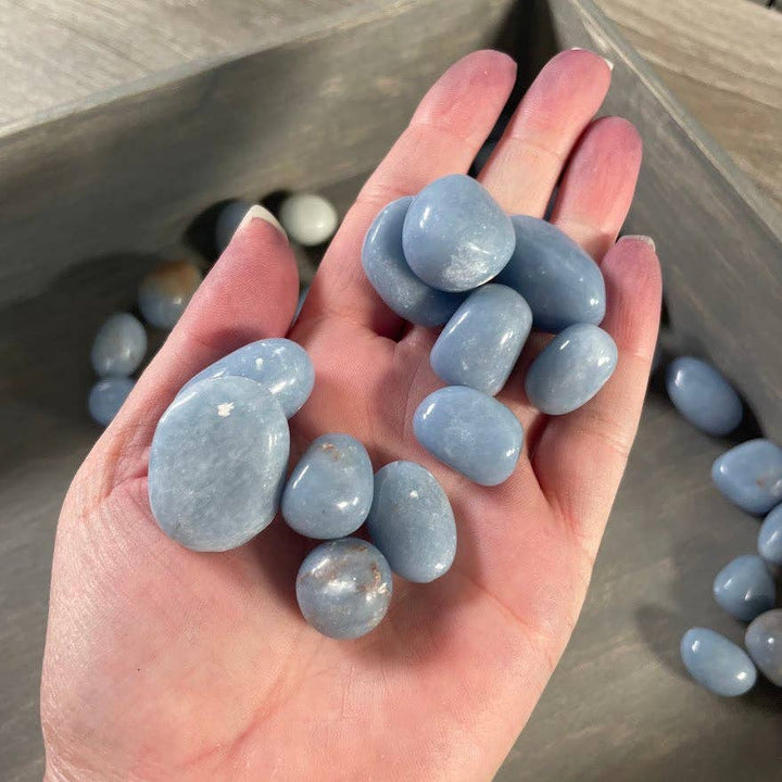 Angelite tumbled stones one pound bulk soft blue healing crystals for coastal boho decor