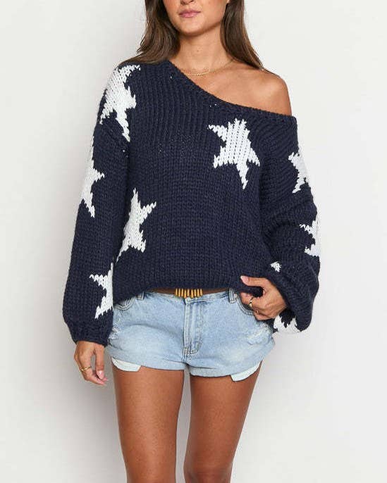 Vintage V-Neck Star Knitted Sweater in cozy boho style for coastal fall layering