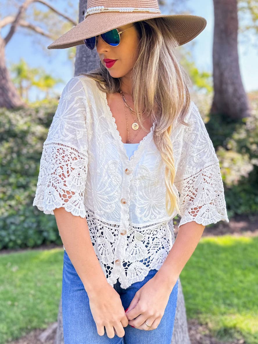 Boho Floral Lace Short Sleeve Crochet Button Cardigan
