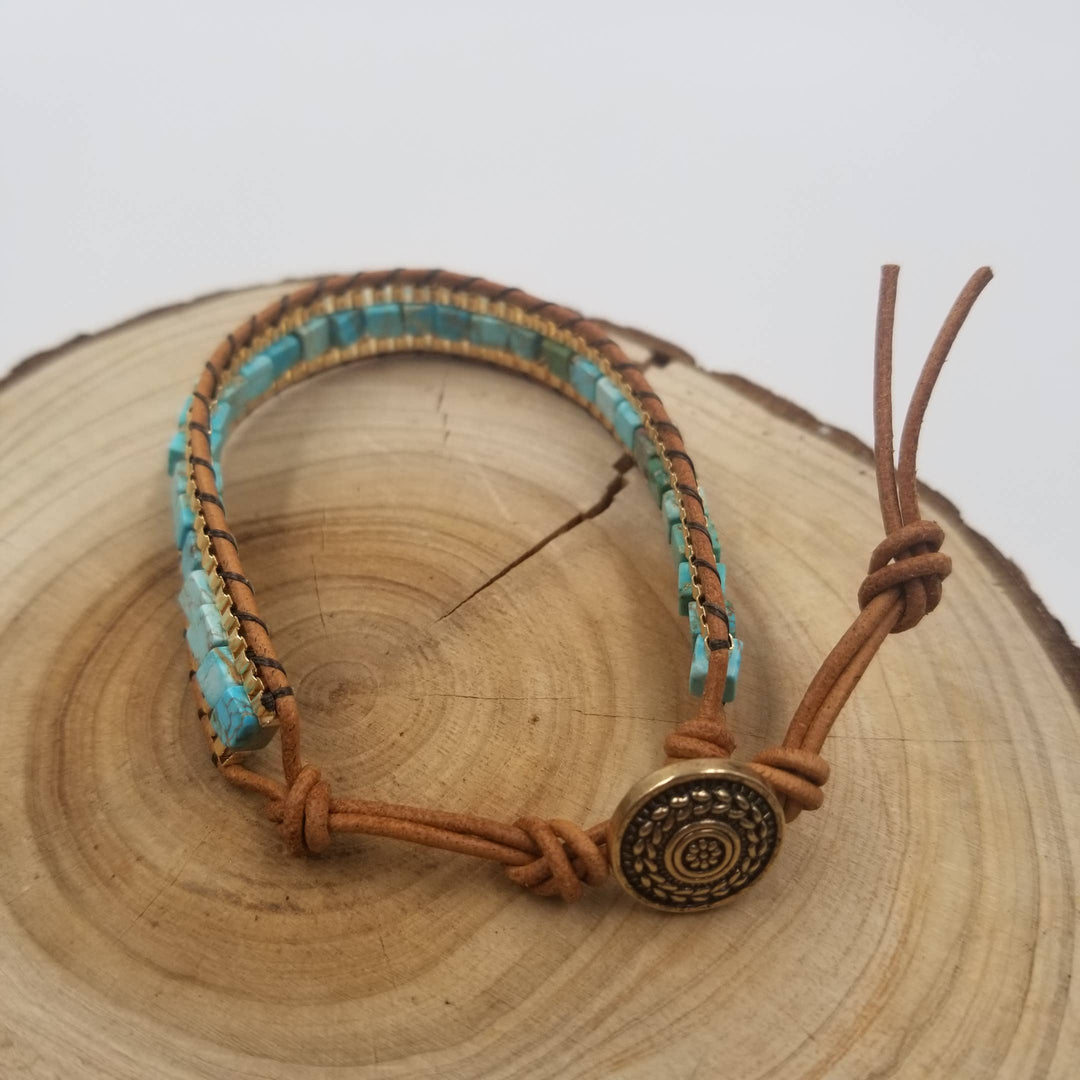 Hand Woven Natural Square Stone Leather Bracelet - Turquoise