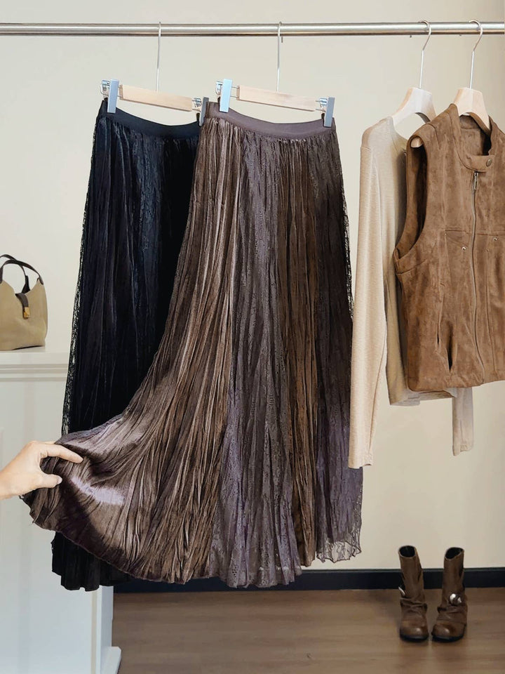 Lace Panel Velvet Pleated A-Line Skirt