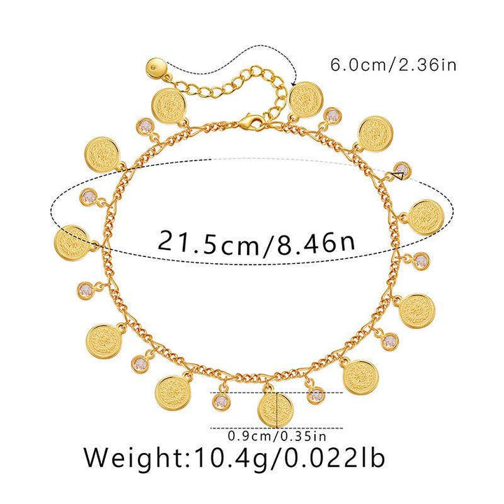 Rhinestone Circular Pendant 18K Gold-plated Chain Anklet