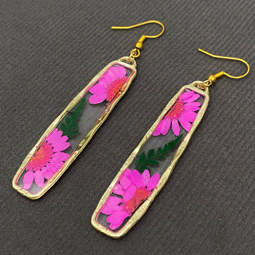 Pressed dried flower long rectangular earrings handcrafted for a coastal bohemian spirit
