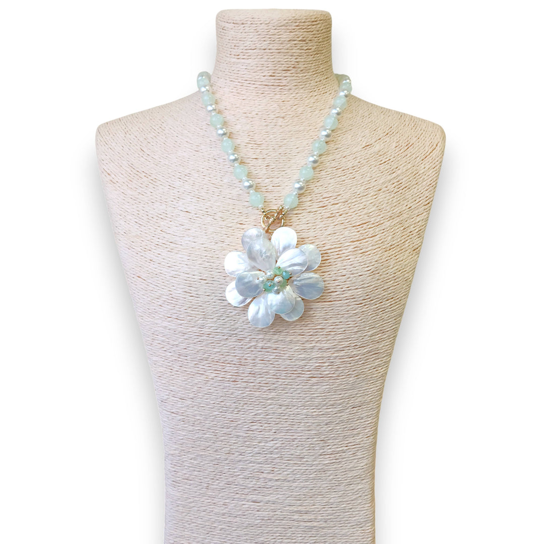 Handmade Mother of Pearl Flower Necklace with coastal boho floral shell design