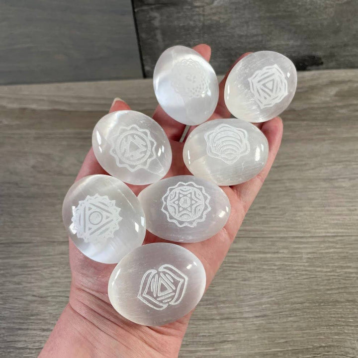Selenite Small Palm Stones – Etched Chakra Symbols | Set of 7