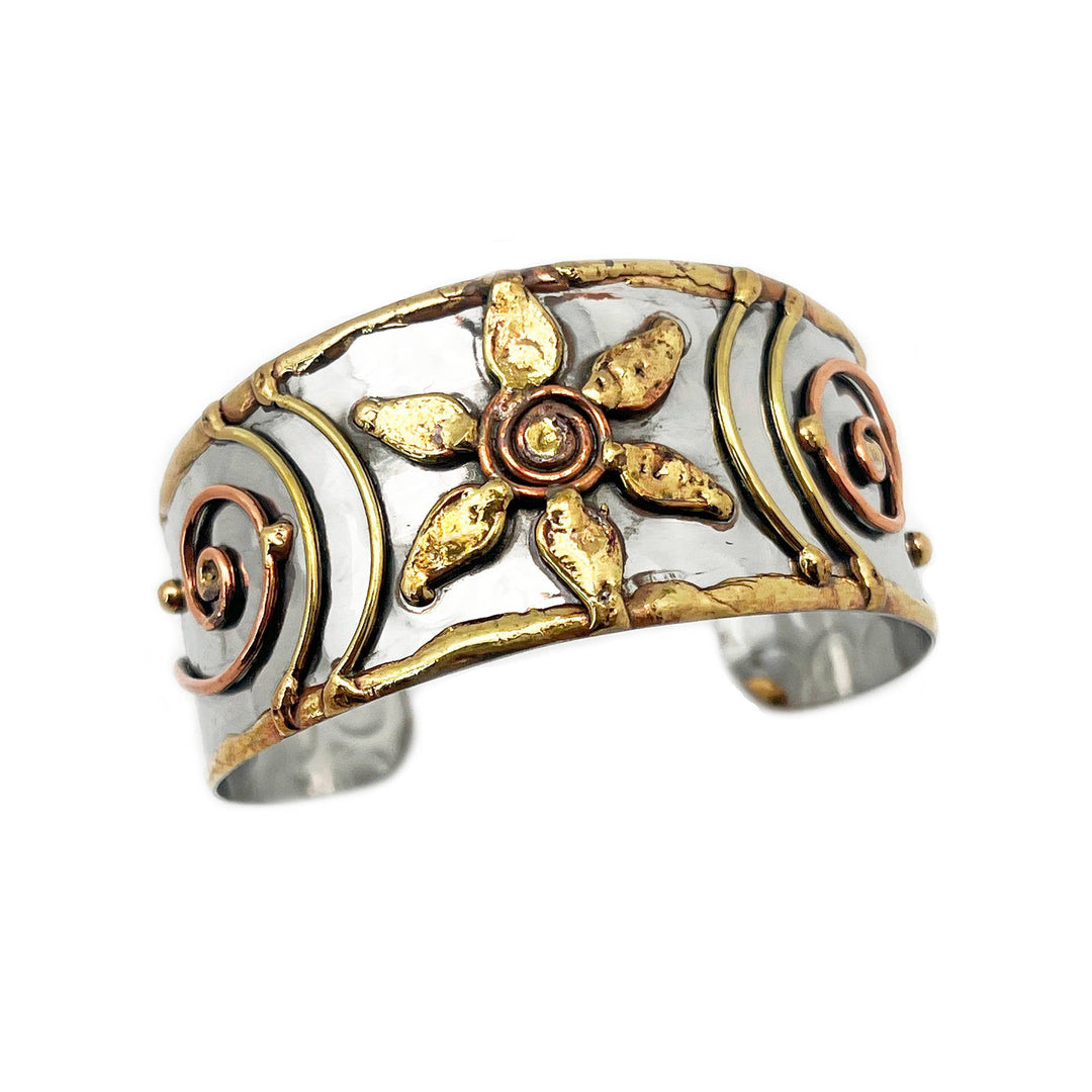 Handcrafted Mixed Metal Cuff Flower Spiral boho bracelet artisan coastal hippie jewelry