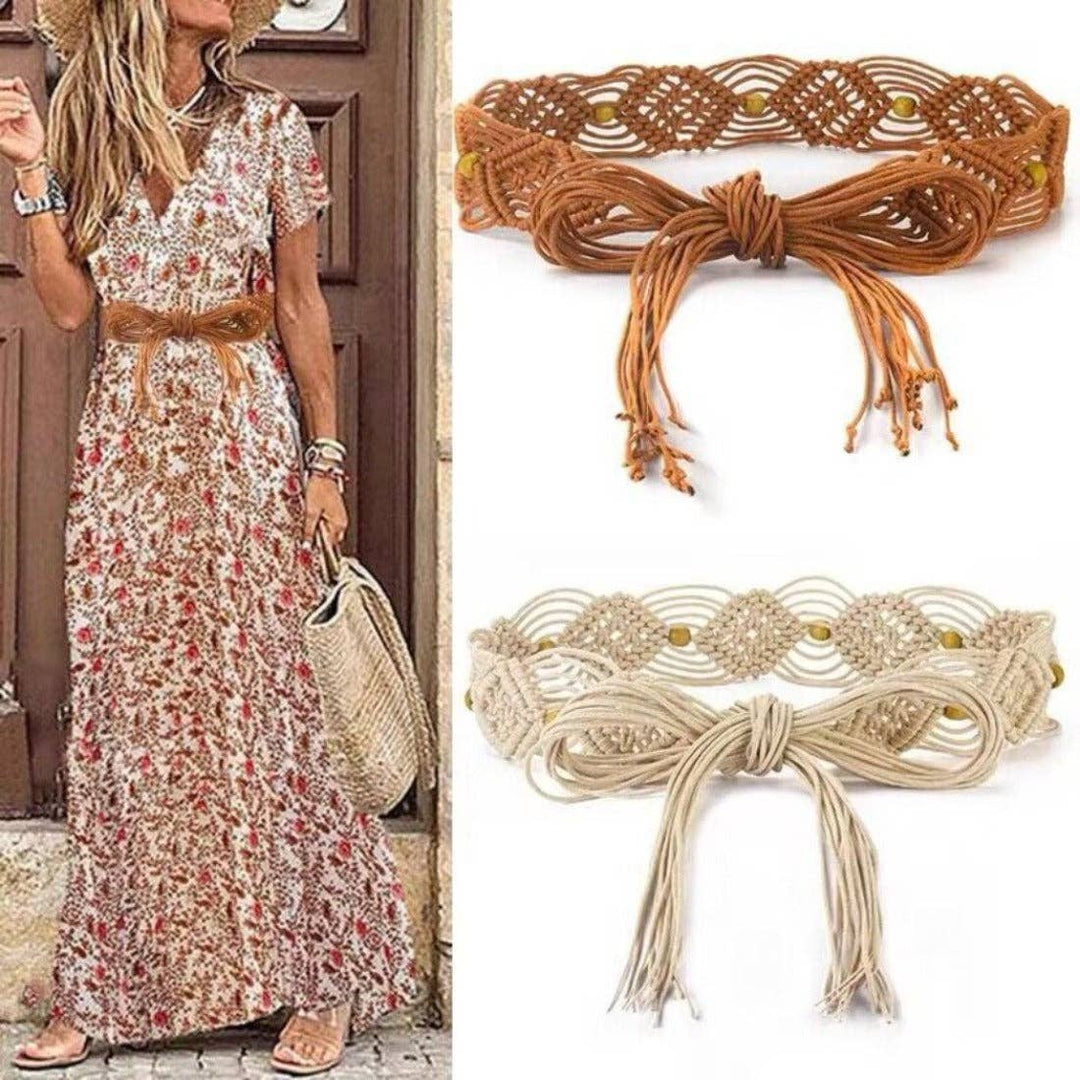 Hollow Knitted Tassel Belt with boho coastal style for beach and festival looks
