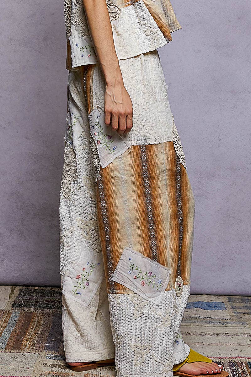 Lace Patch Detail Woven Pants with relaxed coastal boho fit and artisan charm
