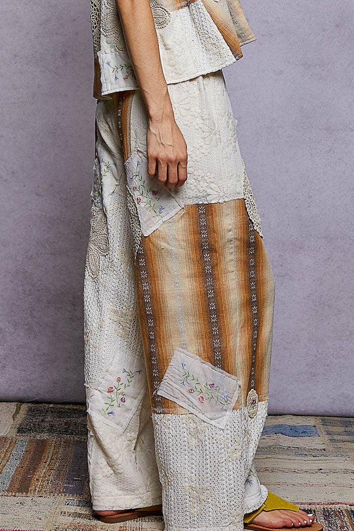Lace Patch Detail Woven Pants with relaxed coastal boho fit and artisan charm