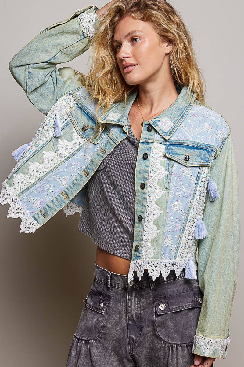 Vintage Washed Metal Button Down Embroidered Denim Jacket