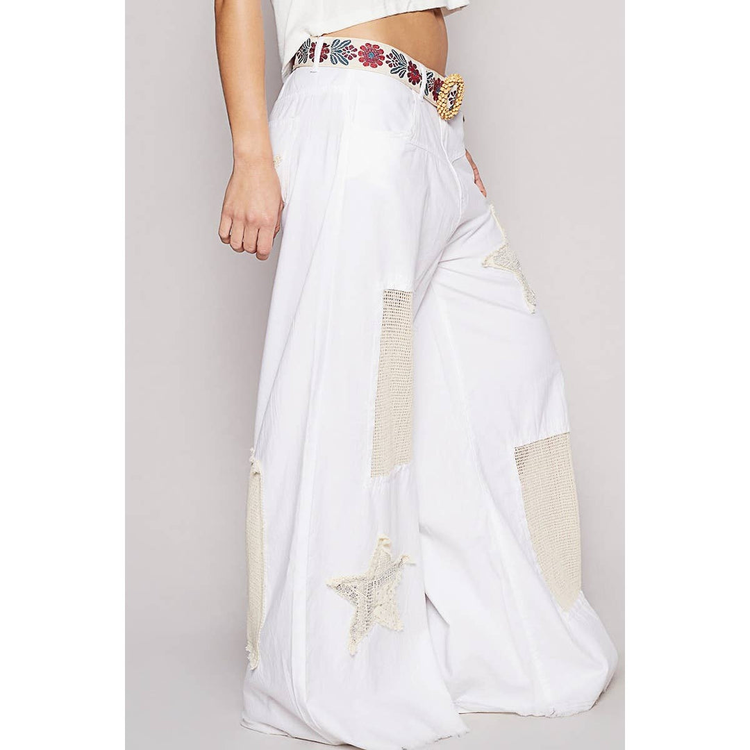 Vintage Washed Crochet Star Patch Pants with wide leg boho coastal style
