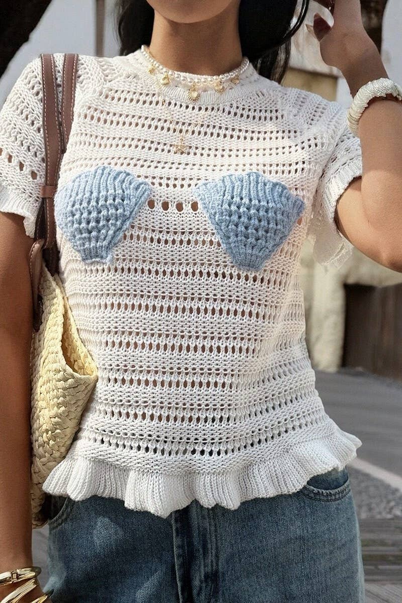 Knit Shell Beach Short-Sleeve Top with openwork detail for coastal boho style