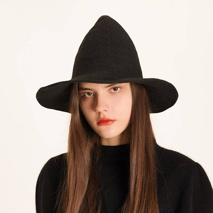 Knit Witch Hat foldable and packable for boho Halloween costume styling