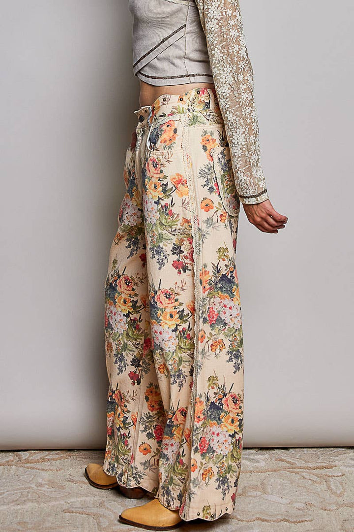 Floral Vintage Washed Raw Edge Elastic Waist Pants