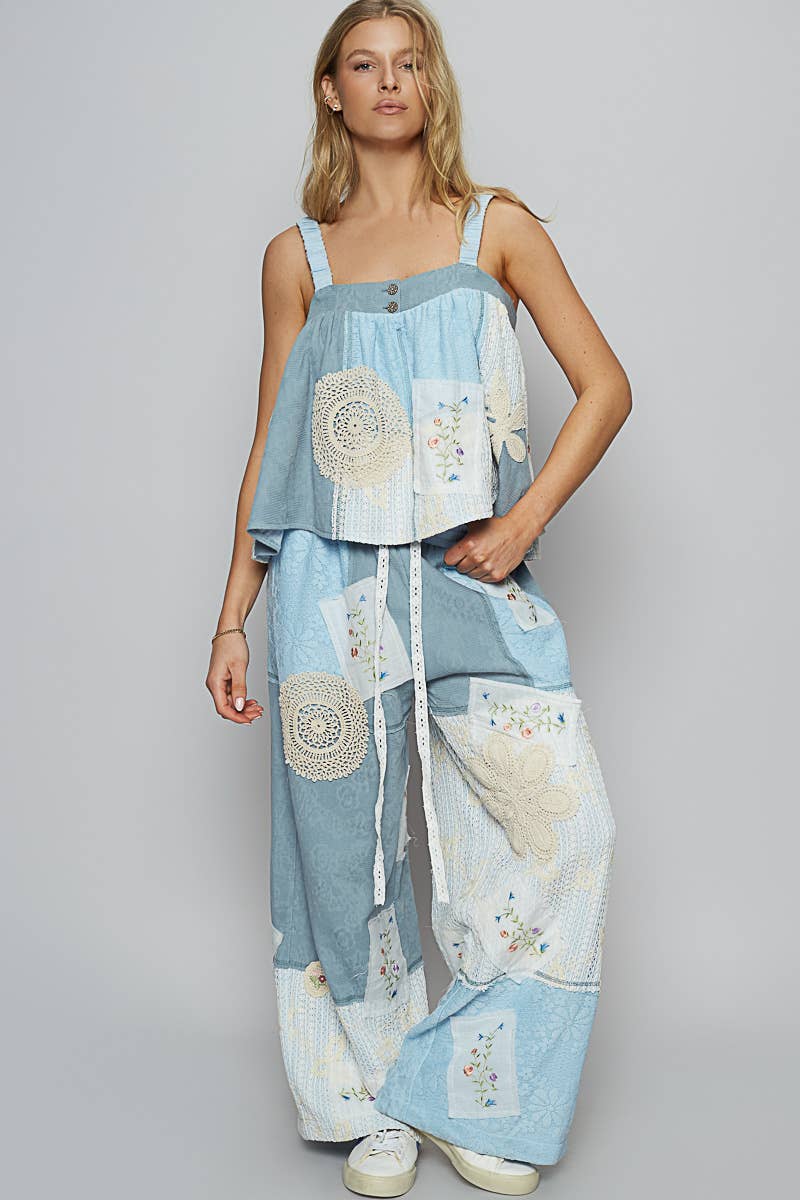 Lace Patch Detail Woven Pants