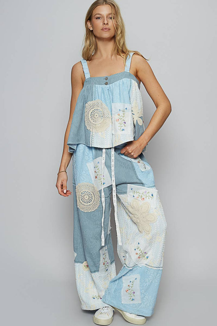 Lace Patch Detail Woven Pants