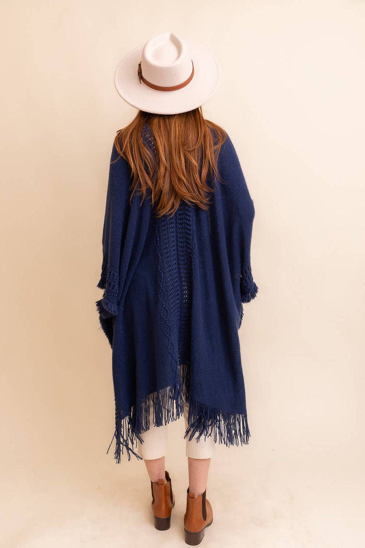 Frayed Border Bohemian Ruana Kimono Sweater