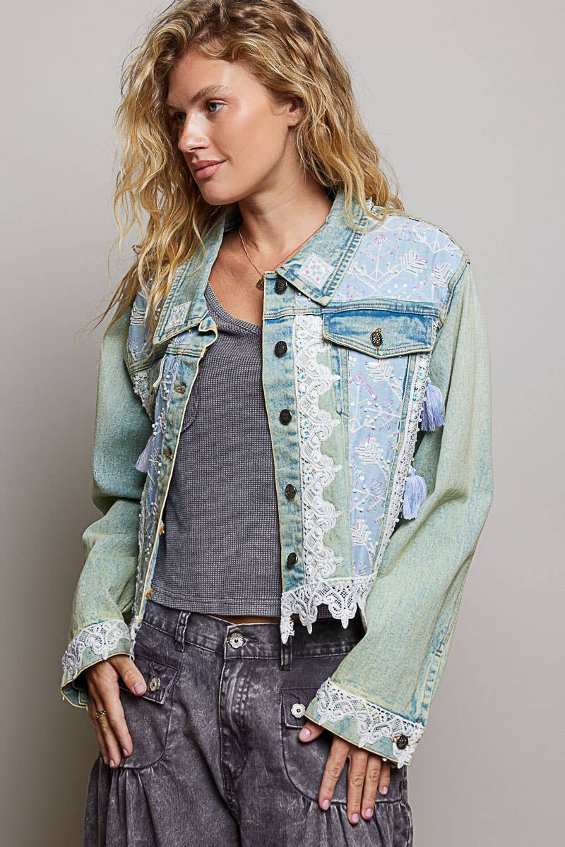 Vintage Washed Metal Button Down Embroidered Denim Jacket