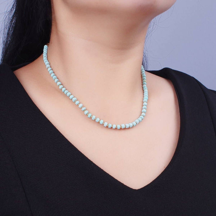 Gold filled blue turquoise heishi choker necklace with gemstone rondelle beads layered coastal style