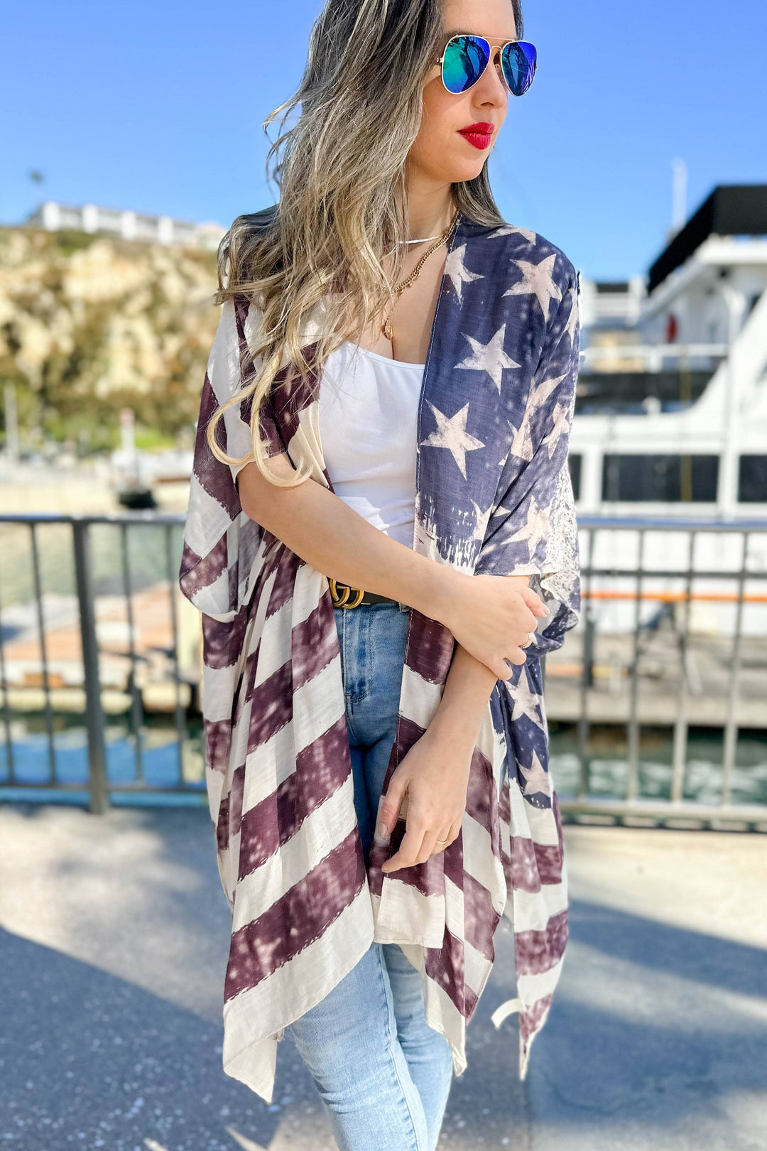 Vintage American Flag Printed Kimono Cover Up for boho coastal summer style
