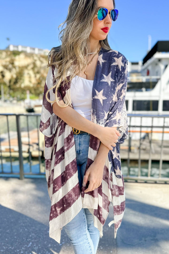 Vintage American Flag Printed Kimono Cover Up for boho coastal summer style