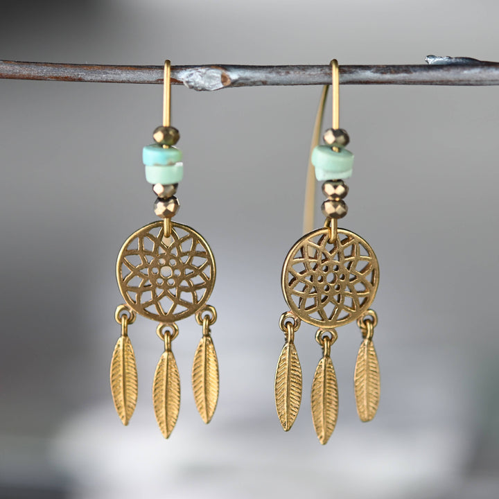 Handmade Dream Catcher w/ Short Wire &amp; Turquoise Jasper Earrings boho coastal style