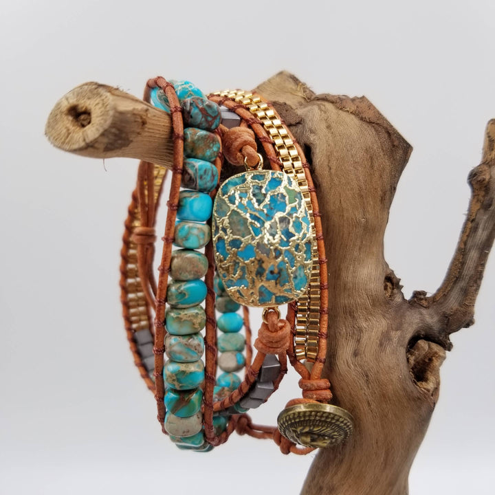 Handwoven Natural Turquoise &amp; Leather Stacked Bracelet with bohemian coastal charm