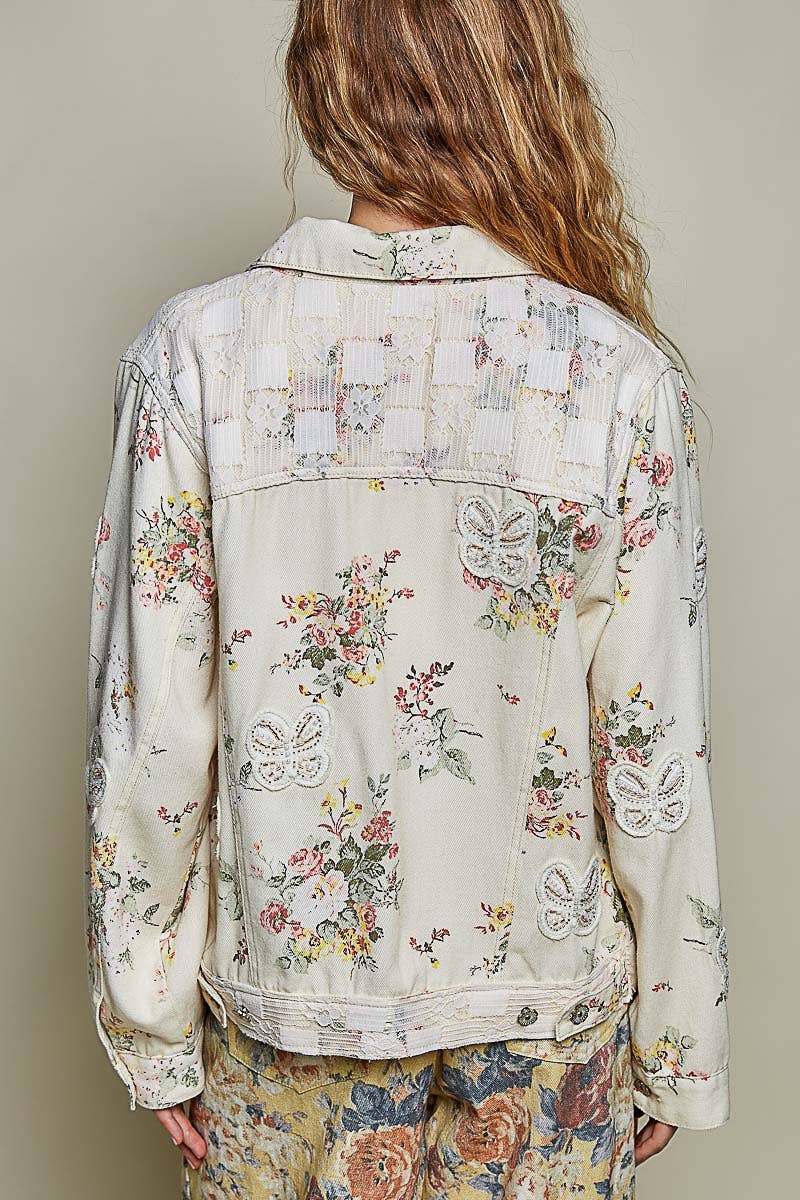 Floral Print Embroidered Collared Denim Jacket