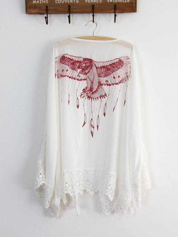 White Lace Sleeve Eagle Print Beach Cardigan bohemian cover-up for coastal free spirits